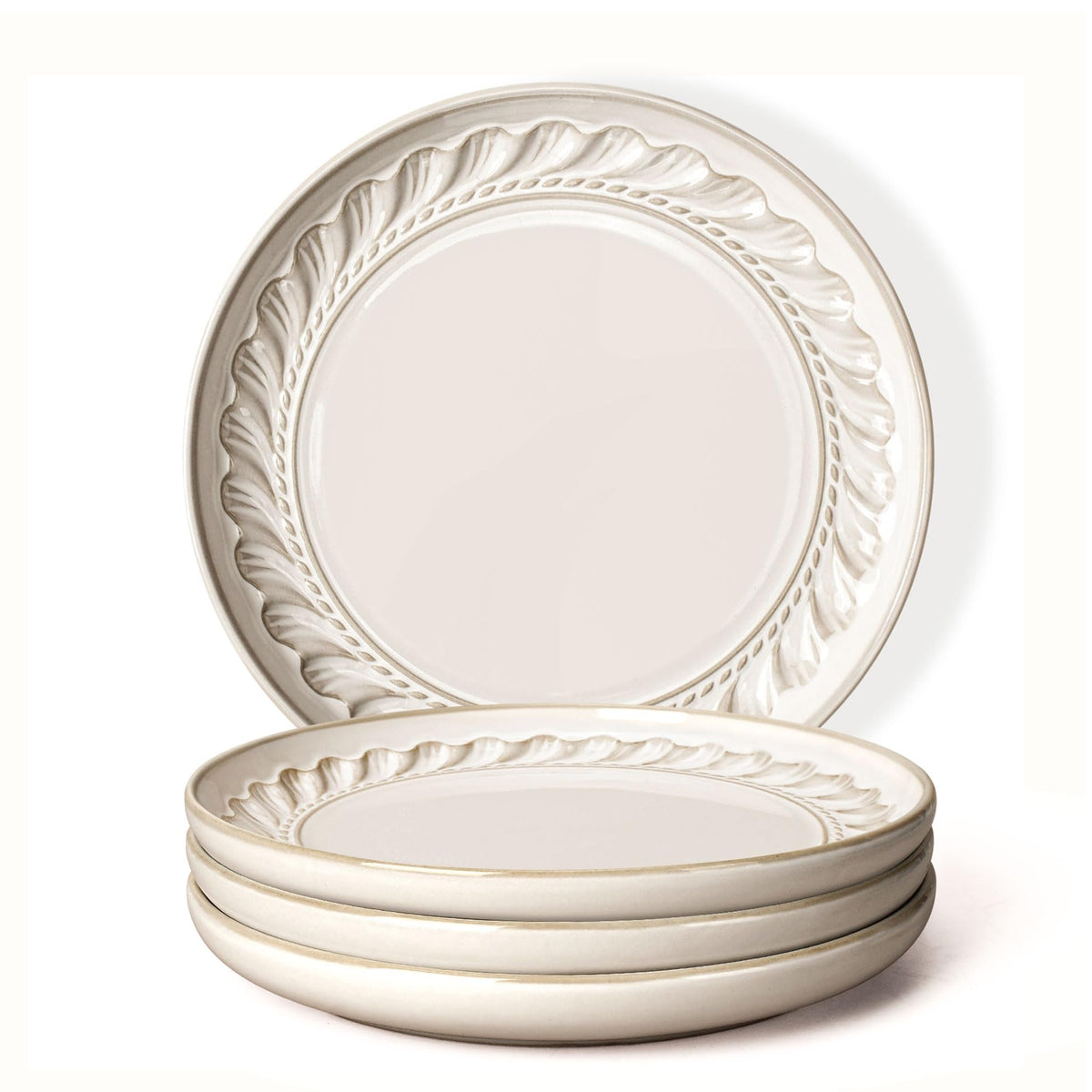 Large Ceramic Dinner Plates Set Of 4, 10.75 Inch Embossed Kitchen Salad Plates, Modern Serving Plates For Restaurant, Plates With Lipped Edges, Microwave Dishwasher Safe (Multiple Patterns)