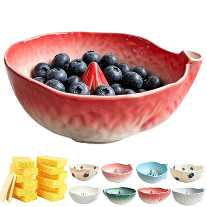 Self Spinning Ceramic Berry Washing Bowl with Drain Holes, 7'' Kitchen Fruit Washer Spinner Bowl with 10pcs Sponges，Blue