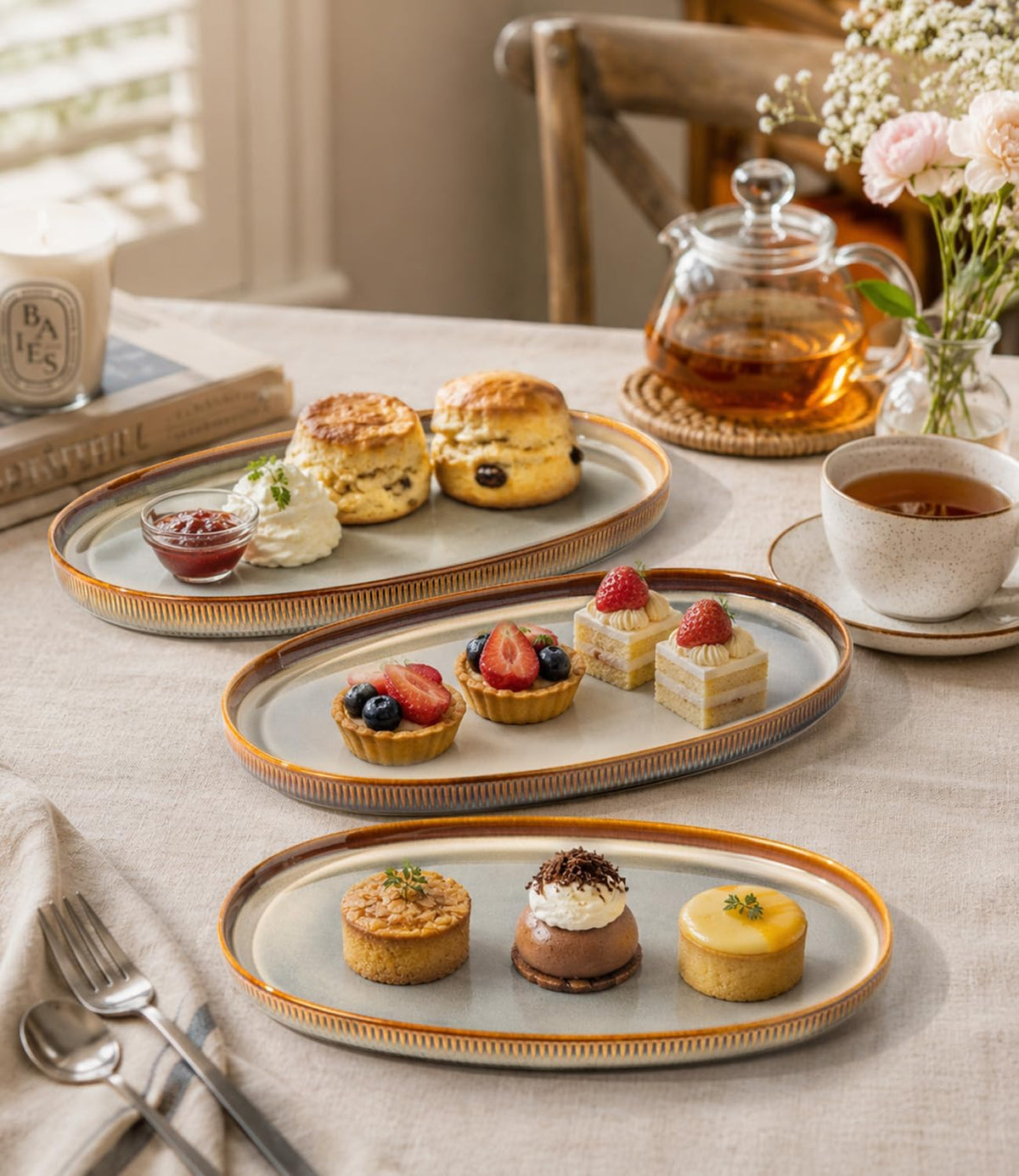 Ceramic Serving Platter Set of 3, Oval Serving Plates and Dishes | 15.6"/14.4"/12.2", Oven & Microwave & Dishwasher Safe, Perfect for Turkey, Parties, Entertaining & Weddings, Cocoa Mocha