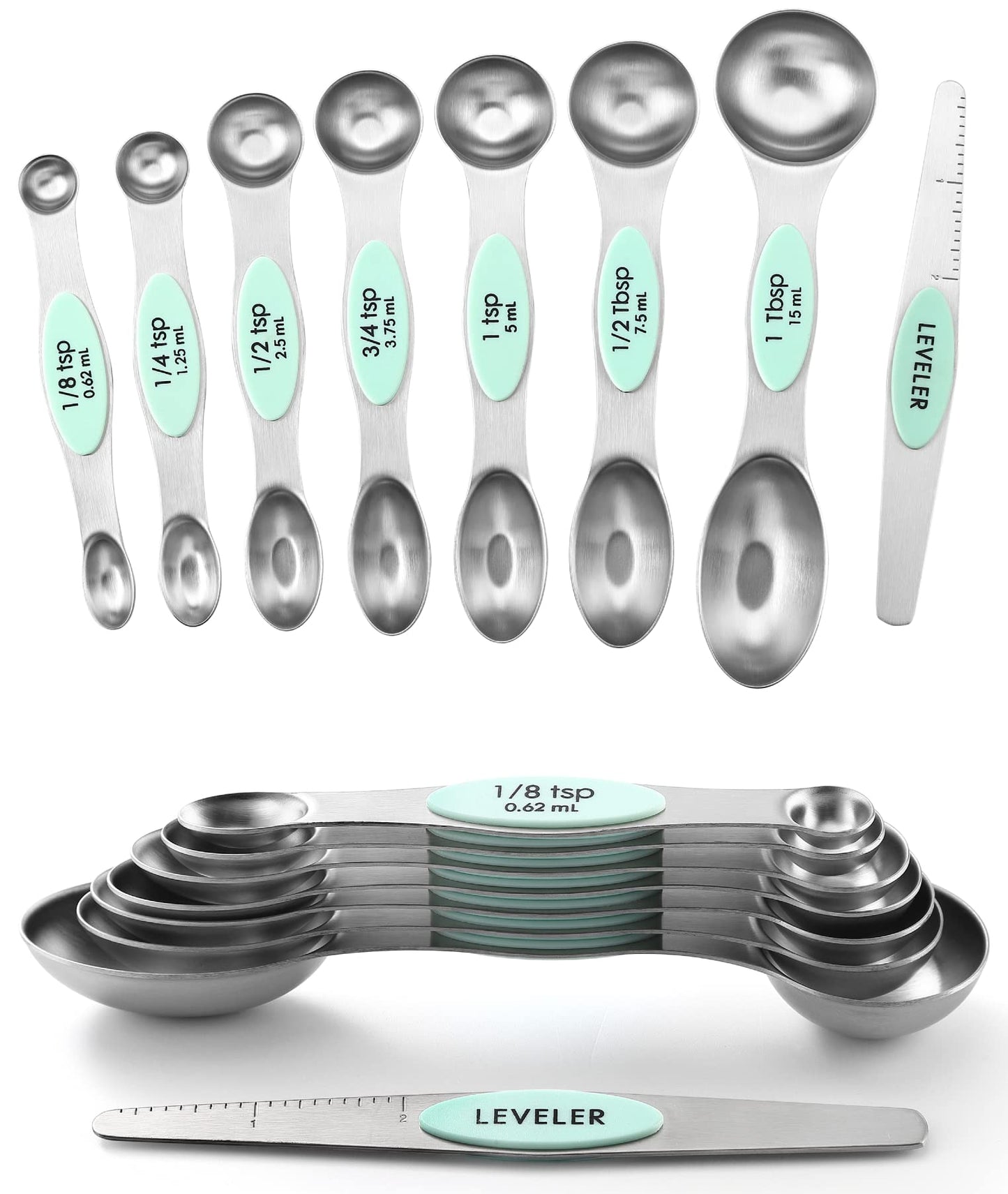 Spring Chef Magnetic Measuring Spoons Set of 8 for Kitchen, Multicolor | Stainless Steel Teaspoon & Tablespoon Measuring Spoons with Leveler for Dry & Liquid Ingredients, Dual Sided, Dishwasher Safe