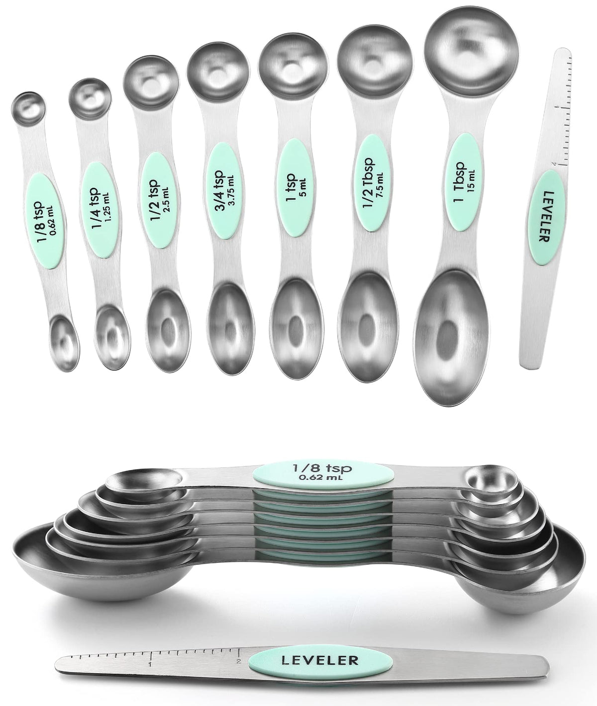 Spring Chef Stainless Steel Magnetic Measuring Spoons Set of 8, Black | Dual Sided Metal Teaspoon & Tablespoon Measuring Spoons with Leveler for Dry & Liquid Ingredients, Nesting, Dishwasher Safe