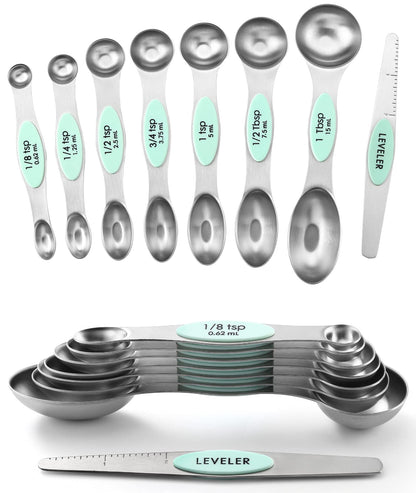 Spring Chef Stainless Steel Magnetic Measuring Spoons Set of 8, Black | Dual Sided Metal Teaspoon & Tablespoon Measuring Spoons with Leveler for Dry & Liquid Ingredients, Nesting, Dishwasher Safe