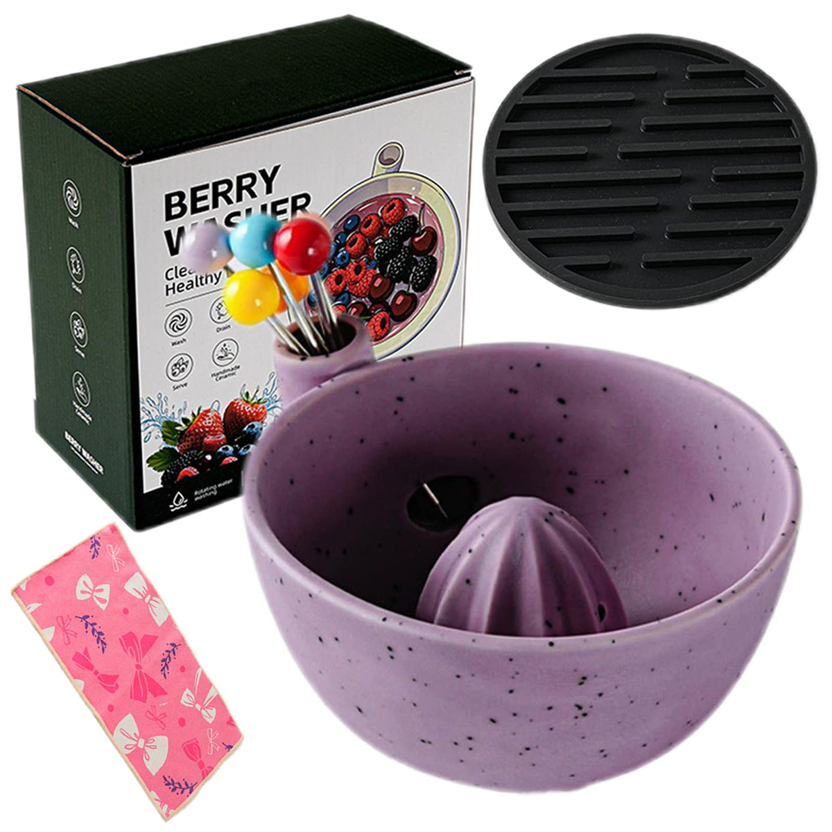 Self Spinning Ceramic Berry Washing Bowl with Drain Holes, 7'' Kitchen Fruit Washer Spinner Bowl with 10pcs Sponges，Blue