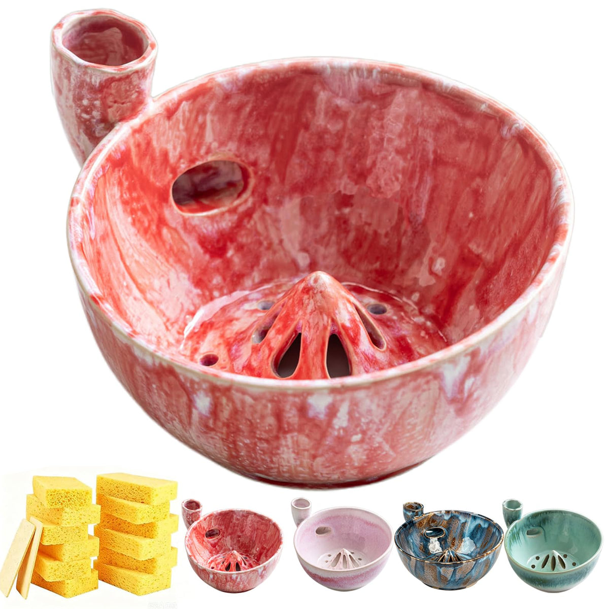 Self Spinning Ceramic Berry Washing Bowl with Drain Holes, 7'' Kitchen Fruit Washer Spinner Bowl with 10pcs Sponges，Blue