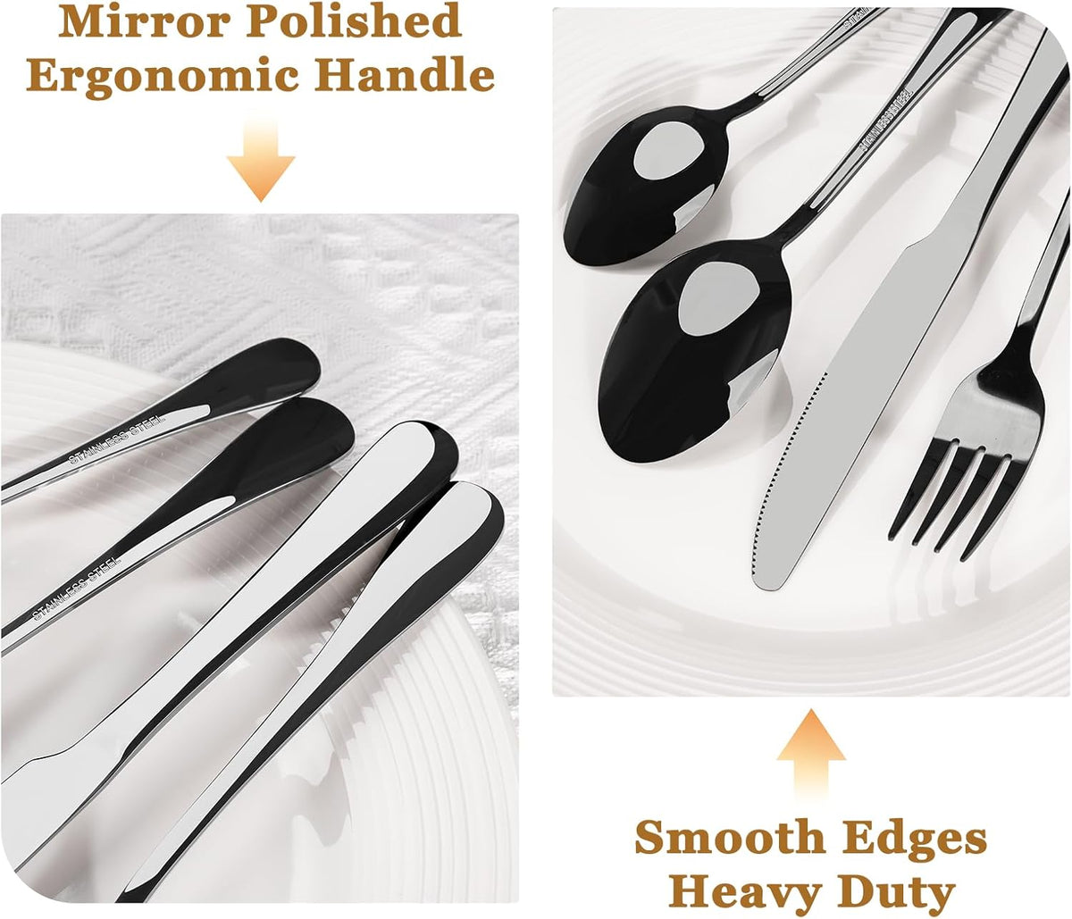 Astercook 24-Piece Black Silverware Set with Steak Knives Flatware Set for 4 Food-Grade Stainless Steel Cutlery Set Mirror Polished Utensils Set Include Spoons and Forks for Home Kitchen Restaurant