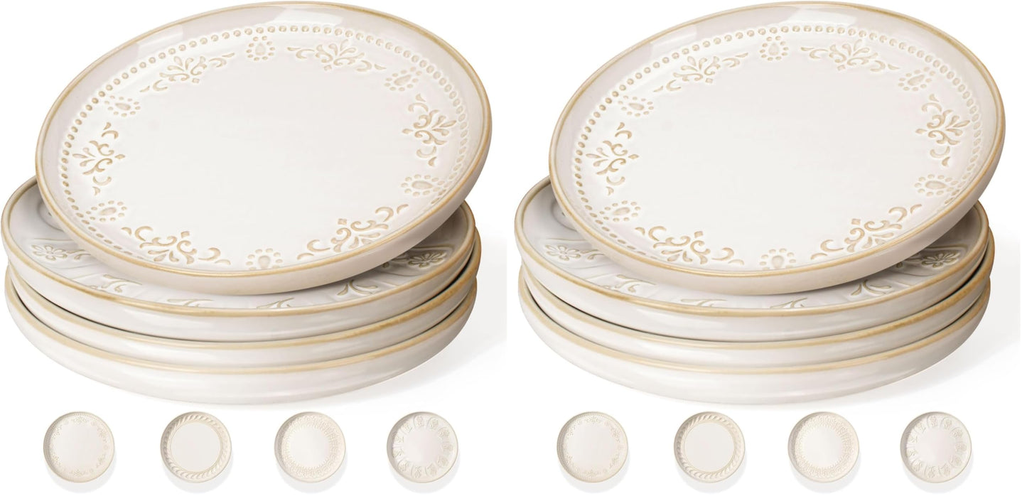 Large Ceramic Dinner Plates Set Of 4, 10.75 Inch Embossed Kitchen Salad Plates, Modern Serving Plates For Restaurant, Plates With Lipped Edges, Microwave Dishwasher Safe (Multiple Patterns)