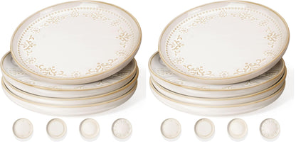 Large Ceramic Dinner Plates Set Of 4, 10.75 Inch Embossed Kitchen Salad Plates, Modern Serving Plates For Restaurant, Plates With Lipped Edges, Microwave Dishwasher Safe (Multiple Patterns)