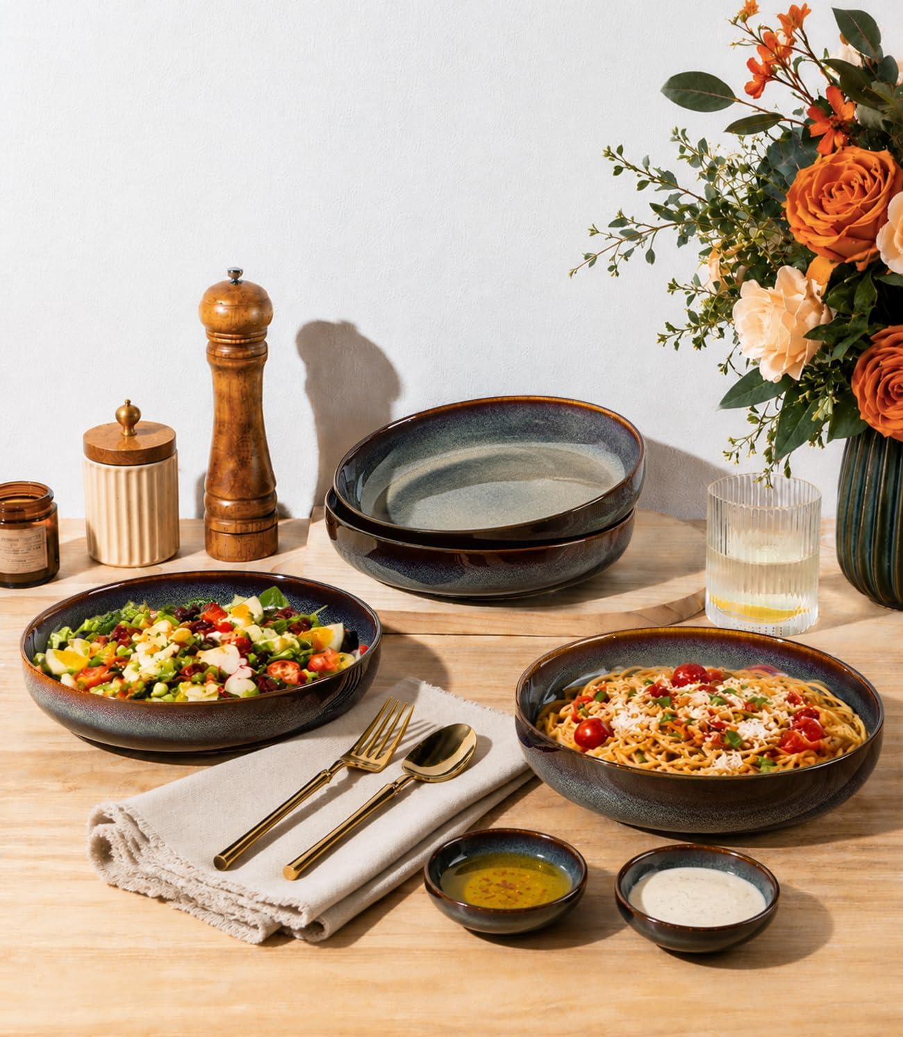 8.5" Ceramic Pasta Bowls Set of 4, Salad Bowls | Versatile Serving Bowls for Pasta, Salad, Fruit & Noodles, Housewarming & Wedding Gift, Mocha Brown