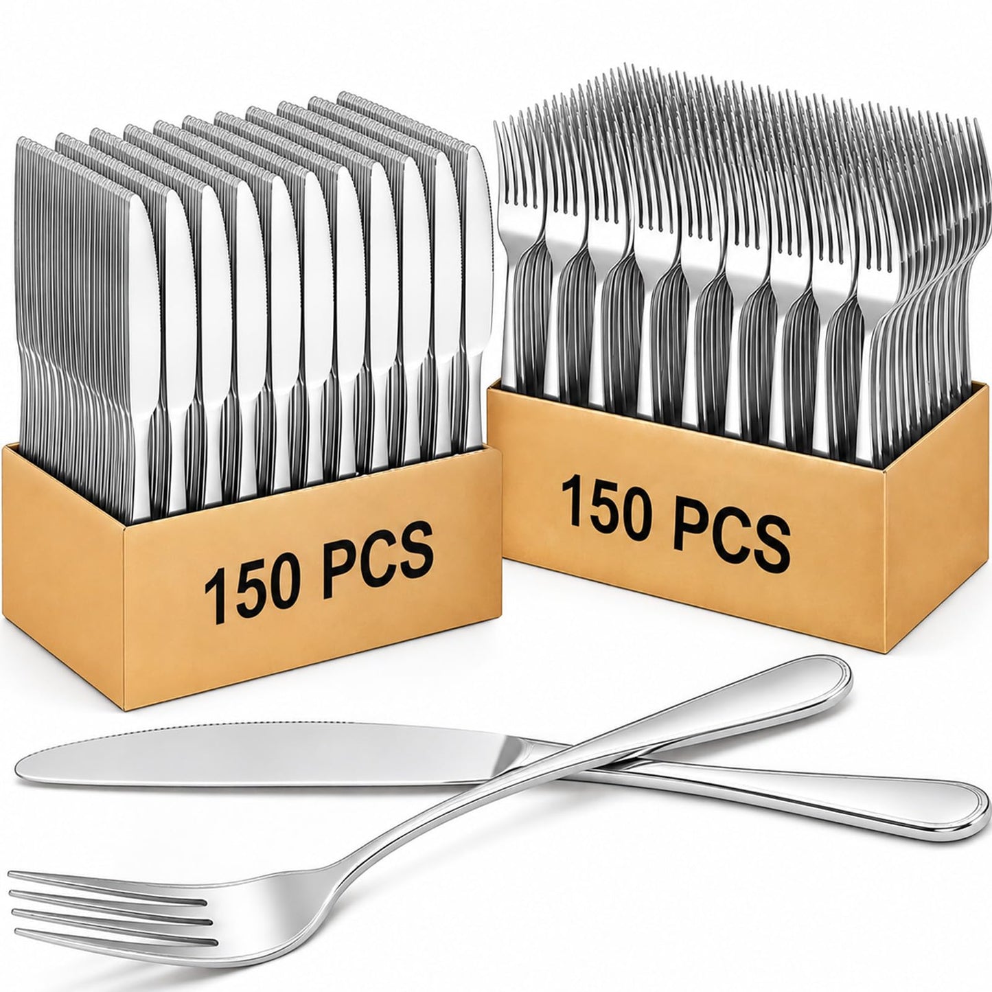 Nuenen 200 Pcs Forks and Knives Stainless Steel Silverware Set Include 100 Dinner Forks and 100 Knives Flatware tableware Cutlery Set for Home Restaurant, Mirror Polished, Dishwasher Safe