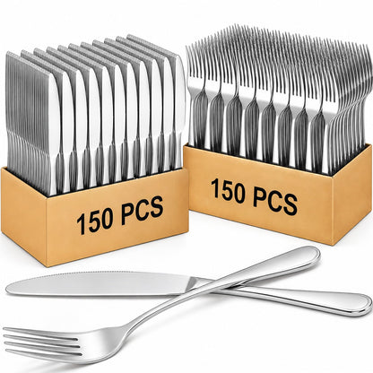 Nuenen 200 Pcs Forks and Knives Stainless Steel Silverware Set Include 100 Dinner Forks and 100 Knives Flatware tableware Cutlery Set for Home Restaurant, Mirror Polished, Dishwasher Safe