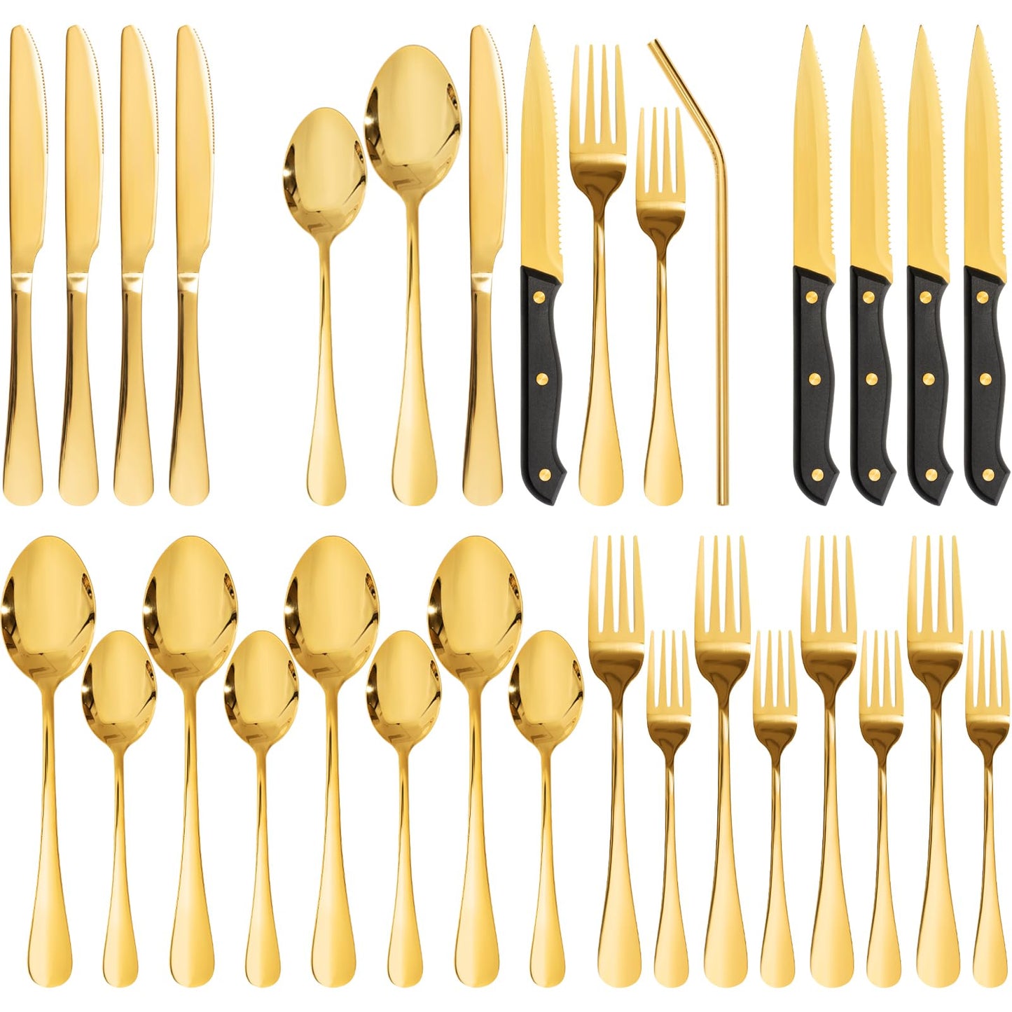 Astercook Silverware Set with Steak Knives 24-Piece Flatware Set for 4 Food-Grade Stainless Steel Cutlery Set Mirror Polished Utensils Set Include Spoons and Forks for Home Kitchen Restaurant