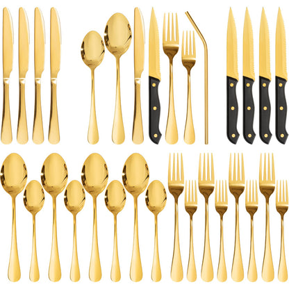 Astercook Silverware Set with Steak Knives 24-Piece Flatware Set for 4 Food-Grade Stainless Steel Cutlery Set Mirror Polished Utensils Set Include Spoons and Forks for Home Kitchen Restaurant