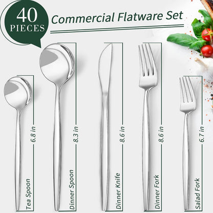 40-Piece Silverware Set for 8, CEKEE Stainless Steel Flatware Cutlery Set Included Knife Spoon and Fork, Kitchen Utensils Set for Home Hotel Wedding Restaurant - Mirror Polished & Dishwasher Safe