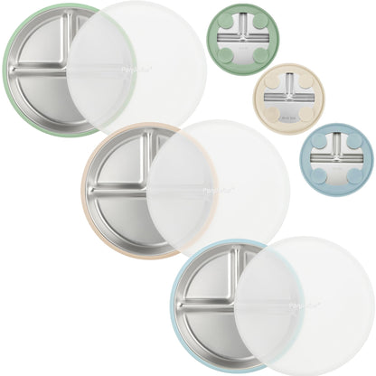 PandaEar 3 Pack Stainless Steel Baby Suction Plates, Divided Toddler Plate for Baby Led Weaning Supplies, Non-Slip Toddler Baby Feeding Set Dishwasher Safe (Blue/Green/Brown)