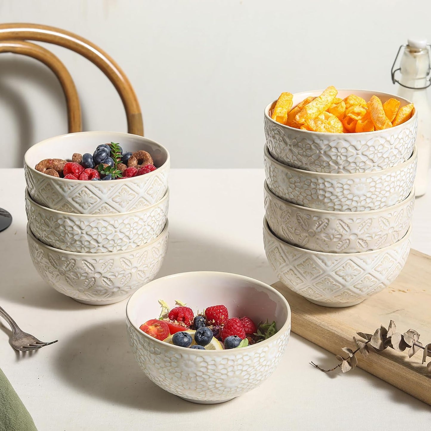 26 Oz Cereal Bowls Set of 4 - Ceramic Soup Bowl for Kitchen, Porcelain Embossed Serving Bowls for Salad, Pho, Breakfast, Ramen, Rice, 6 inch, Dishwasher Microwave Safe, Housewarming Decor