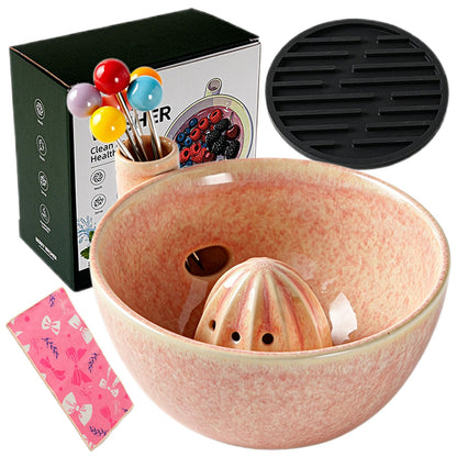 Self Spinning Ceramic Berry Washing Bowl with Drain Holes, 7'' Kitchen Fruit Washer Spinner Bowl with 10pcs Sponges，Blue