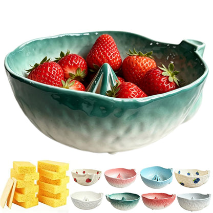 Self Spinning Ceramic Berry Washing Bowl with Drain Holes, 7'' Kitchen Fruit Washer Spinner Bowl with 10pcs Sponges，Blue