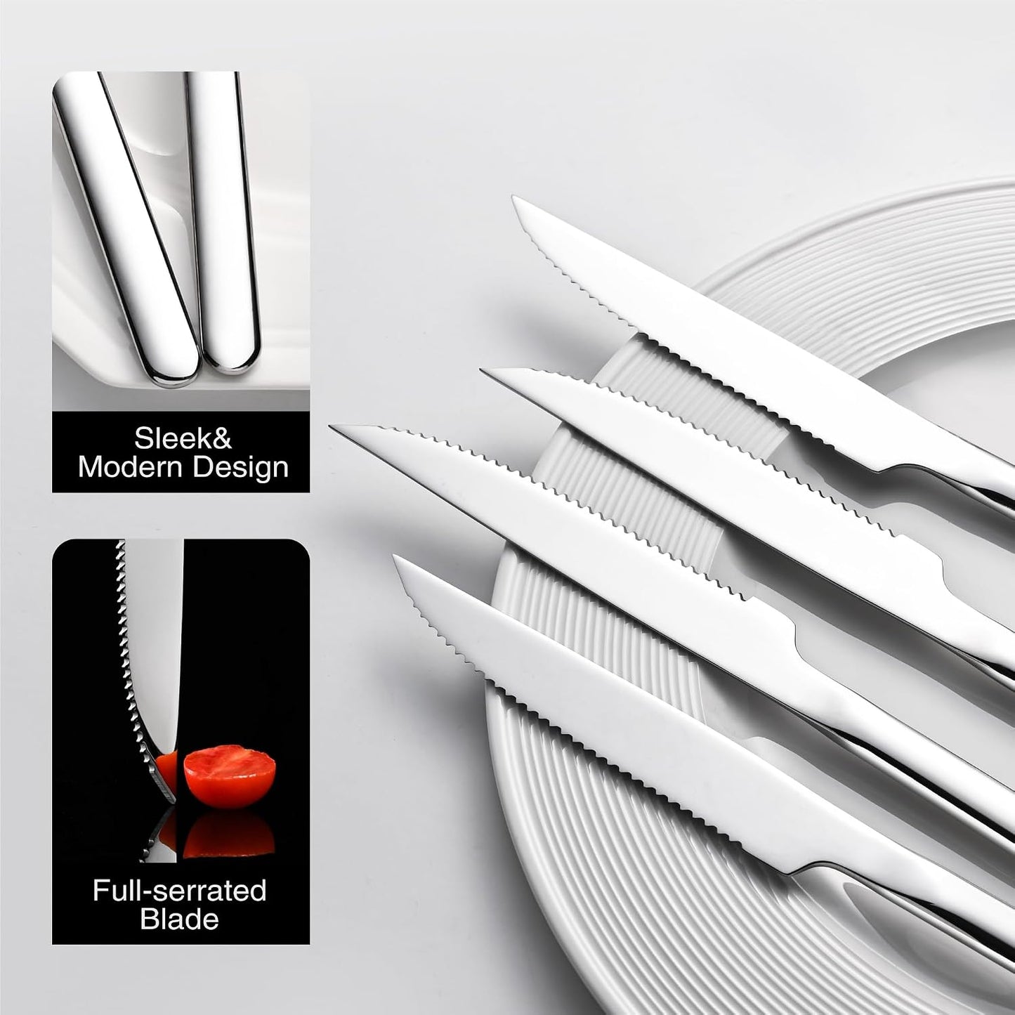 4-Piece 9.4-Inch Steak Knife Set, Serrated Stainless Steel Knives | Mirror Polished Finish, Sharp Blades, Dishwasher Safe, for Steak Dinner, BBQ & Daily Dining