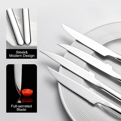 4-Piece 9.4-Inch Steak Knife Set, Serrated Stainless Steel Knives | Mirror Polished Finish, Sharp Blades, Dishwasher Safe, for Steak Dinner, BBQ & Daily Dining