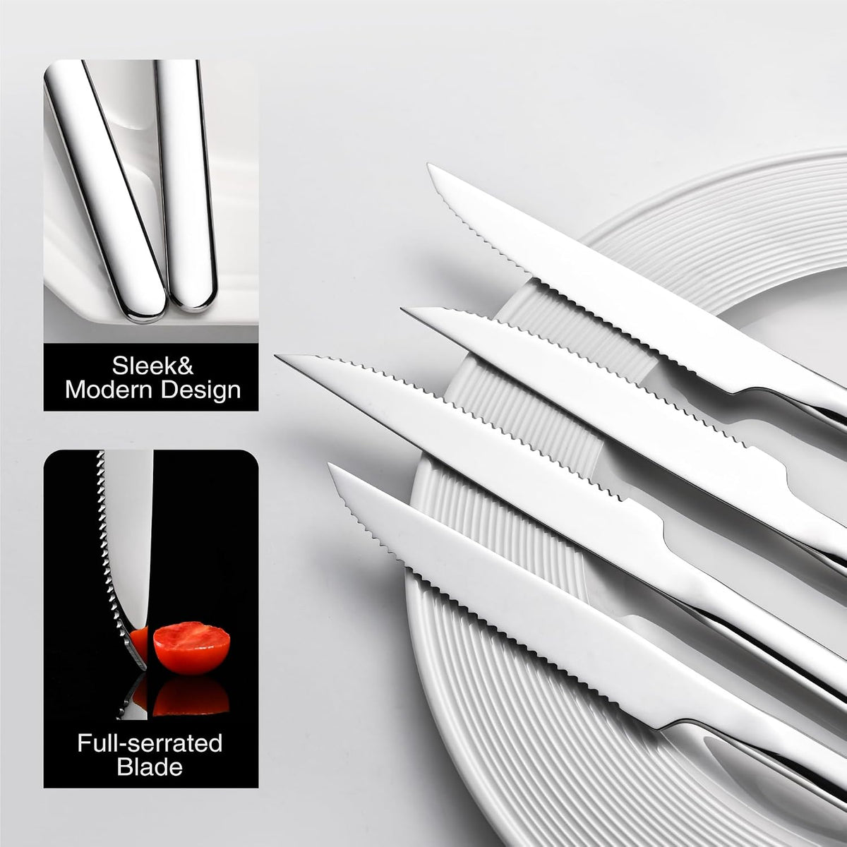 8-Piece 9.4-Inch Steak Knife Set, Serrated Stainless Steel Knives | Mirror Polished Finish, Sharp Blades, Dishwasher Safe, for Steak Dinner, BBQ & Daily Dining