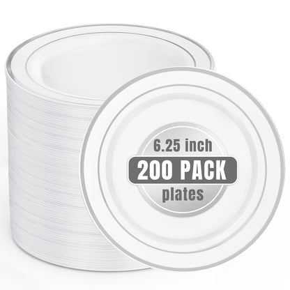 bUCLA 100Pieces Gold Plastic Plates - 6.25inch White with Gold Rim Disposable Salad/Dessert/Appetizer/Small Cake Plates Premium Hard - Ideal for Wedding, Party
