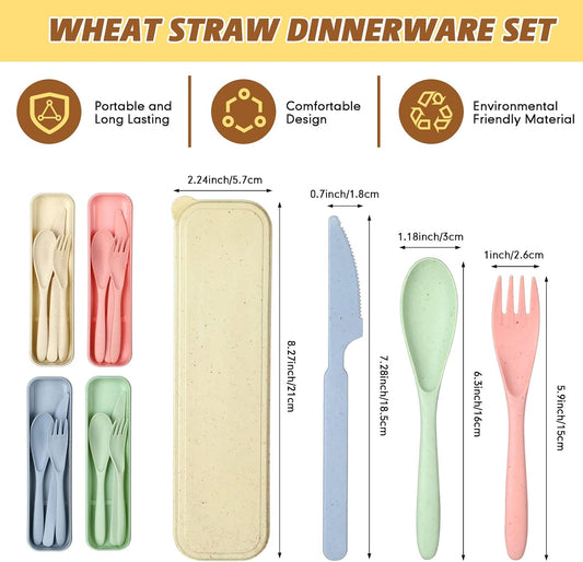 Jinei Reusable Travel Utensils Set Wheat Straw with Case,Bright | Portable Cutlery for Kids Adults, Eco-friendly Flatware for Camping Lunch School, 3-piece Spoon Fork Knife, Storage Case