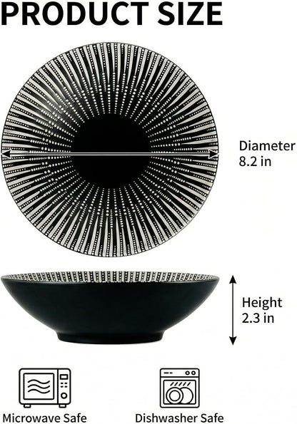8 Inch Ceramic Bowl Set of 2, Classic Black and White Pasta Bowl,Salad Bowls,Fruit bowl with Embossed Textured Interior, Microwave & Dishwasher Safe, for Ramen, Udon, Pho, Cereal, Serving(Black-Dots)