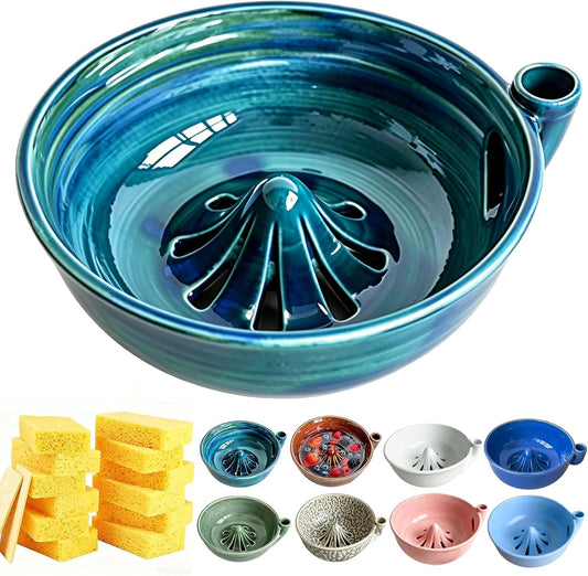 Self Spinning Ceramic Berry Washing Bowl with Drain Holes, 7'' Kitchen Fruit Washer Spinner Bowl with 10pcs Sponges，Blue