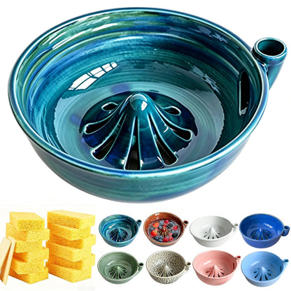 Self Spinning Ceramic Berry Washing Bowl with Drain Holes, 7'' Kitchen Fruit Washer Spinner Bowl with 10pcs Sponges，Blue
