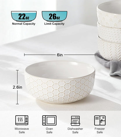 Lareina Cereal bowls 26 oz, Ceramic Soup Bowl for Kitchen, Embossed Boho Bowl for Cereal, Salad, Pasta, Soup, Dessert, Serving, Dishwasher & Microwave Safe, Set of 4, Ivory White