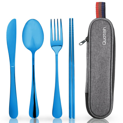 Travel Utensils with Case, Quatish Portable Silverware Set for Work, Stainless Steel Reusable Travel Cutlery Set, Fork and Spoon Set for Camping, Picnic, Gadgets, Lunch Box for Men, Black