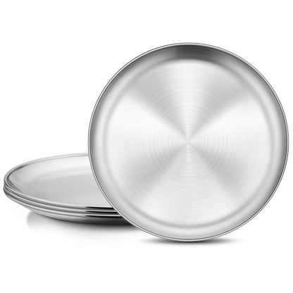 Onader 4-Piece Stainless Steel Plates, 8 Inch 304(18/8) Metal Round Dinner Plate, Kids Toddlers Dishes for Serving, Dishwasher Safe
