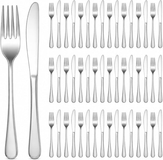 50 Pcs Forks and Knives Set | Stainless Steel Silver Fork and Knife Set for Kitchen Restaurant Home (Fork: 8.27 x 0.79 In, Knife: 8.1 x 0.79 In)