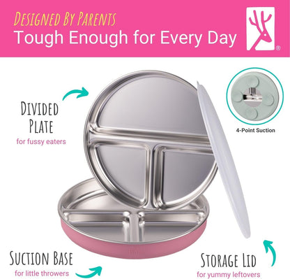 Elk and Friends Kids Stainless Steel Divided Plates with Silicone Suction Sleeves | Lids Included | Suitable for Babies/Toddlers | Dishwasher Safe | Stay Put Dinnerware | Snack Dishes | 4 Pack