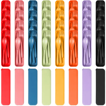 Reusable Travel Utensils Set with Case, 4 Sets Wheat Straw Portable Knife Fork Spoons Cutlery, Eco-Friendly BPA Free Plastic Tableware for Kids Adults Travel Picnic Camping Utensils