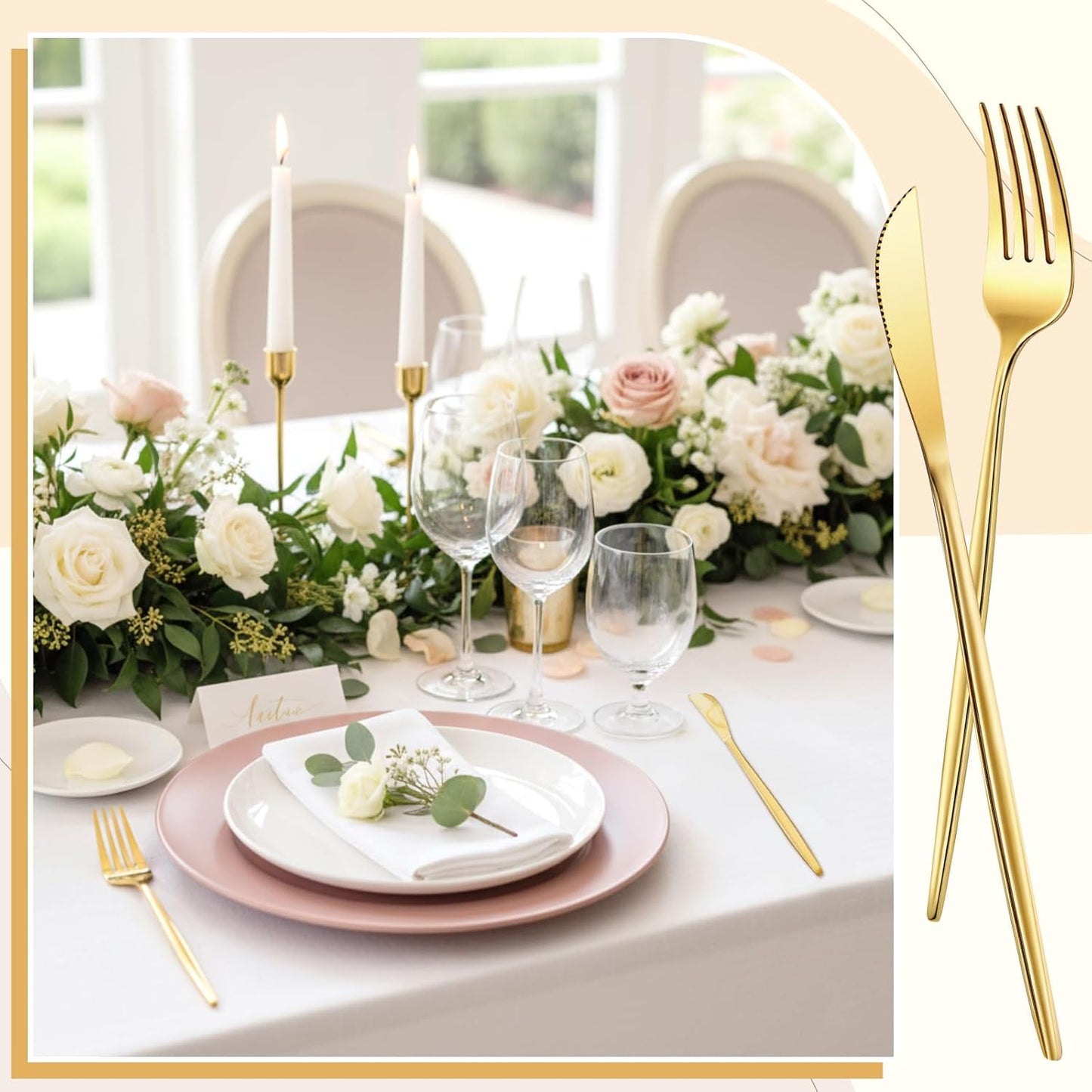 100 Pcs Gold Forks and Knives Cutlery Set Stainless Steel Steak Knives Forks Flatware Royal Silverware Set for Wedding Party Restaurant Dishwasher Safe