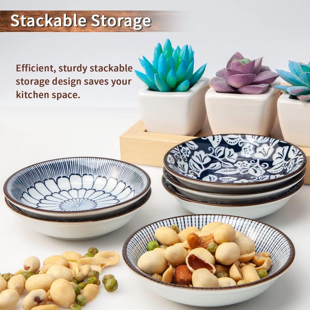 Eisinly 6 Pack Dipping Bowls,3 OZ Small Ceramic Soy Sauce Dish,Vintage Blue | 4 Inch, Blue-white Glaze, Shiny, Safe, Dishwasher Safe, for Seasonings, Sushi & BBQ