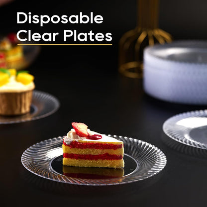 FOCUSLINE 7 Inch Clear Plastic Plates, 100 Count Disposable Heavy Duty Salad Dessert Plates, Premium Hard Plastic for Weddings, Parties & Events