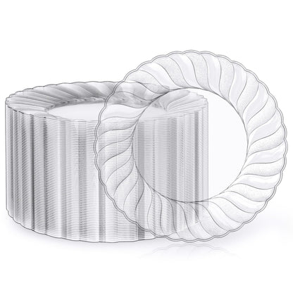 FOCUSLINE 100 Count 6 Inch Clear Plastic Plates, Disposable Heavy Duty Salad Dessert Plates- Premium Hard Plastic Plate Fancy Disposable Clear Plate for Weddings, Parties and Events