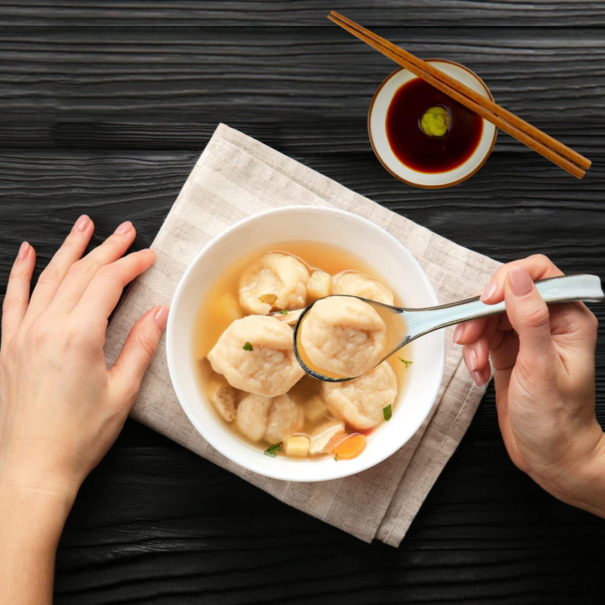 Asian Ceramic Soup Spoon, with Long Handle Easy to Hold, Non-slip Bottom, for Japanese Ramen, Chinese and Vietnamese Wonton, Noodle Soup Spoons (V86)