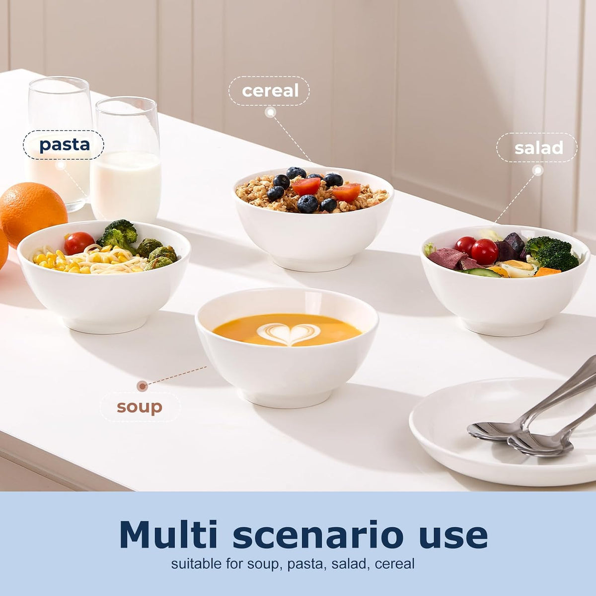 VENVENWEAVS 30 OZ White Thickened Ceramic Bowls Set of 6 Complimentary 6 Spoons, Large Reinforced Ceramic Bowls Perfect for Soup,Salad,Cereal, Ramen And More,Microwave&Dishwasher Safe