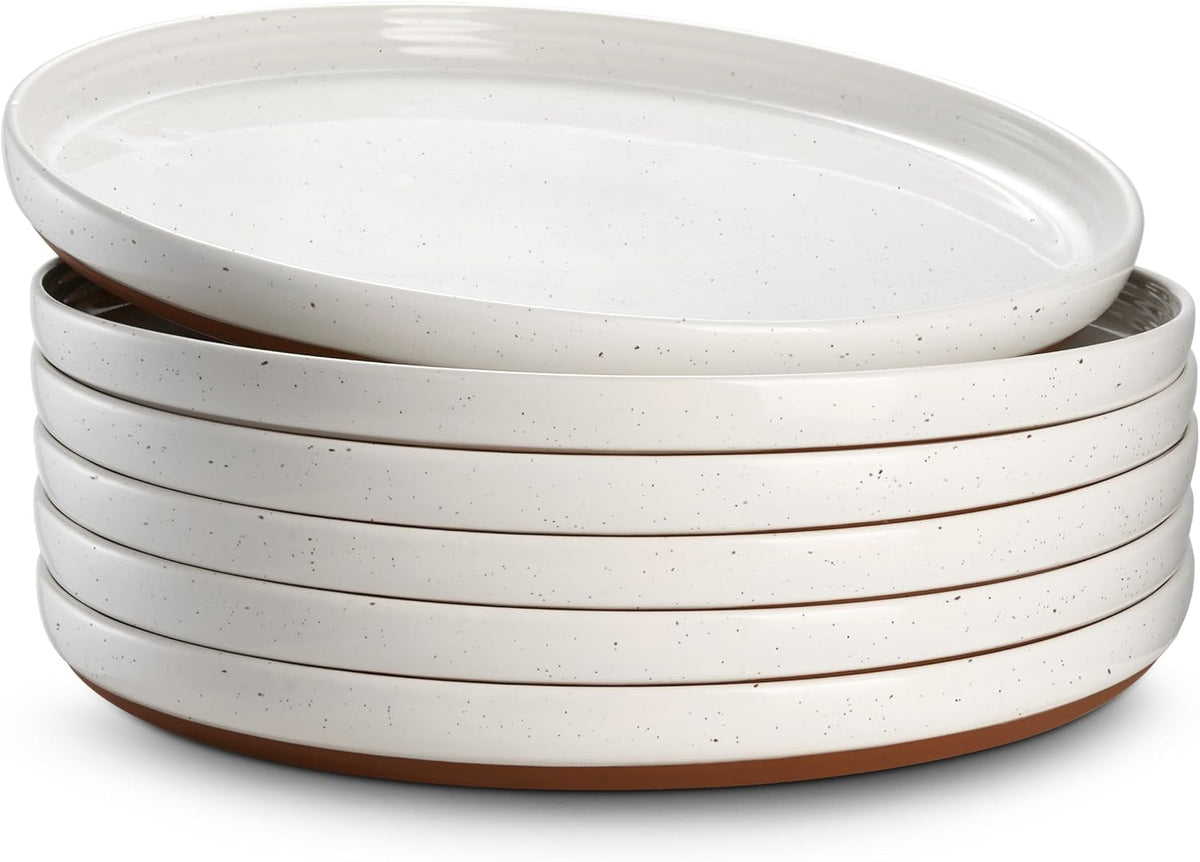 DOWAN 10.5" Large Dinner Plates Set of 6, High Edge Ceramic Plate - Microwave, Oven & Dishwasher Safe, Durable, Modern Dinnerware - Kitchen Porcelain Dish - Khaki White