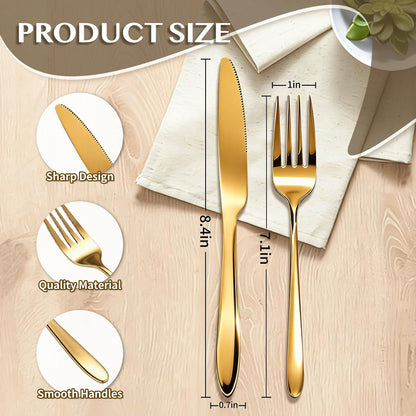 150 Pcs Stainless Steel Set Include 75 Dinner Forks and 75 Steak Knives Metal Butter Knives Forks Flatware Tableware Cutlery Set for Home Restaurant Wedding Parties Kitchen Gold