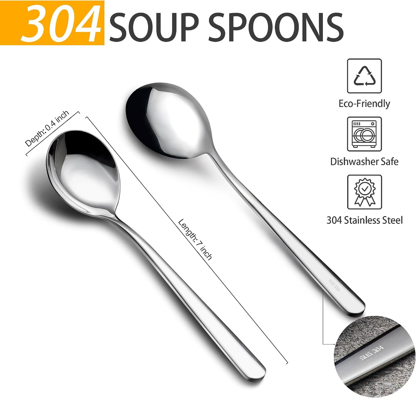 18/8 Soup Spoons 304 Stainless Steel 4-Piece Sppons Set
