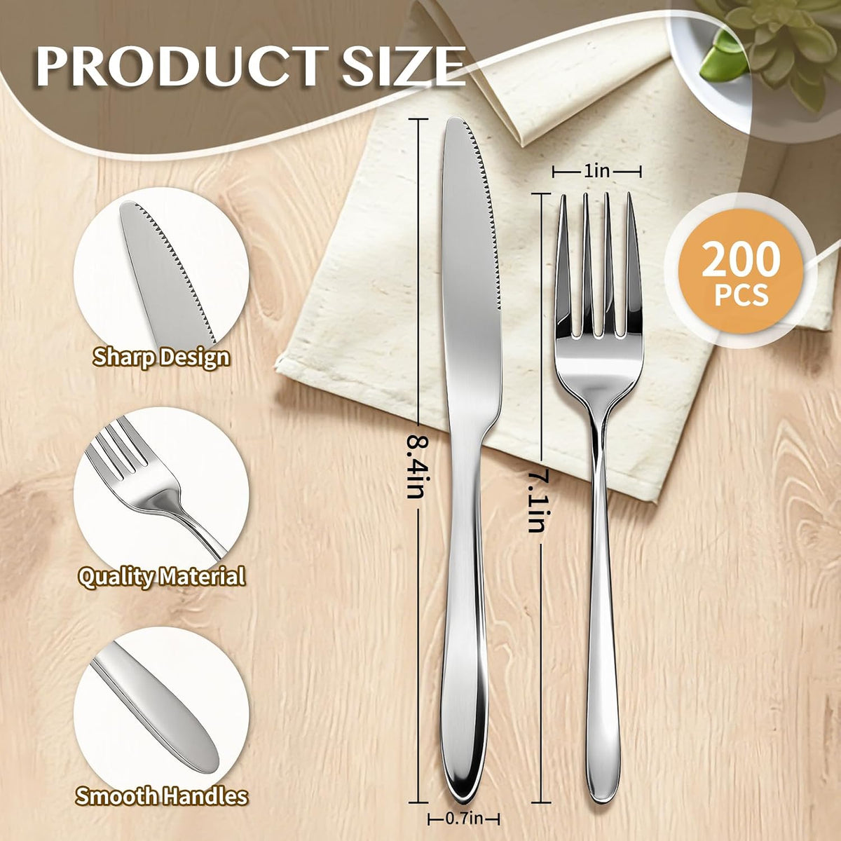 200 Pcs Forks and Knives Bulk Stainless Steel Silverware Set 100 Dinner Forks and 100 Knives Metal Mirror Polished Flatware Tableware Cutlery for Home Restaurant Kitchen Dishwasher Safe