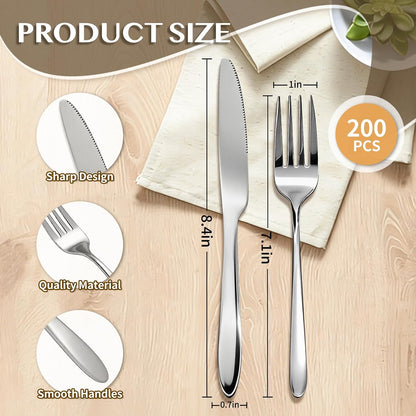 200 Pcs Forks and Knives Bulk Stainless Steel Silverware Set 100 Dinner Forks and 100 Knives Metal Mirror Polished Flatware Tableware Cutlery for Home Restaurant Kitchen Dishwasher Safe