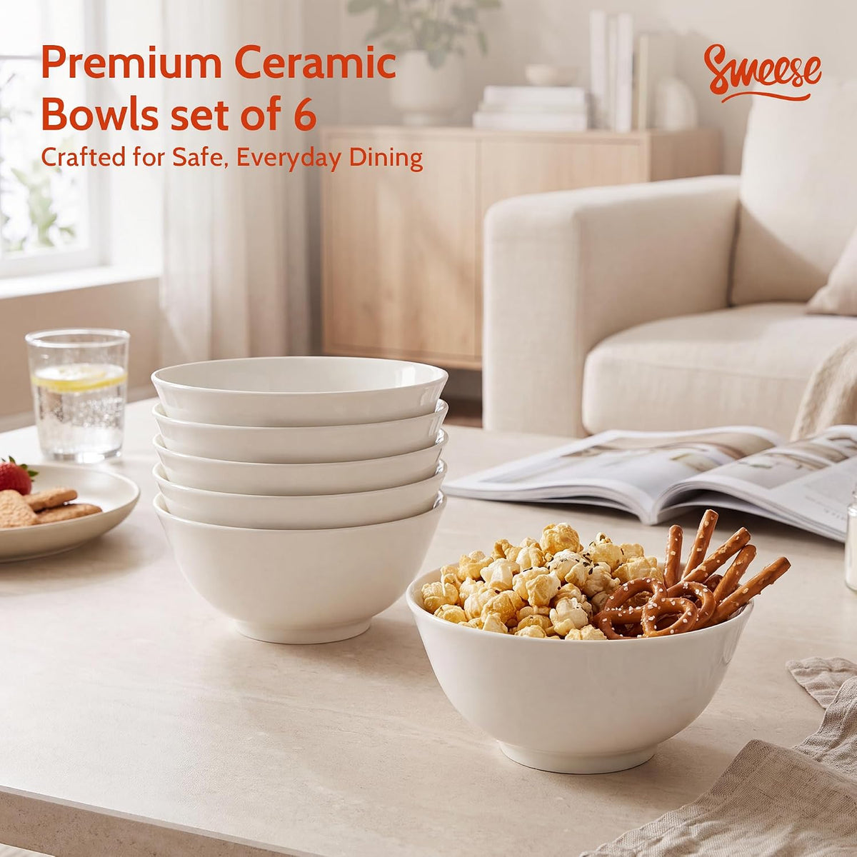 Sweese 10 oz Ceramic Bowls Set of 6, White 4.5 Inch Cereal Bowls for Yogurt, Fruit, Dessert, Oatmeal and Snacks, Stackable Small Serving Bowls for Breakfast and Everyday Use
