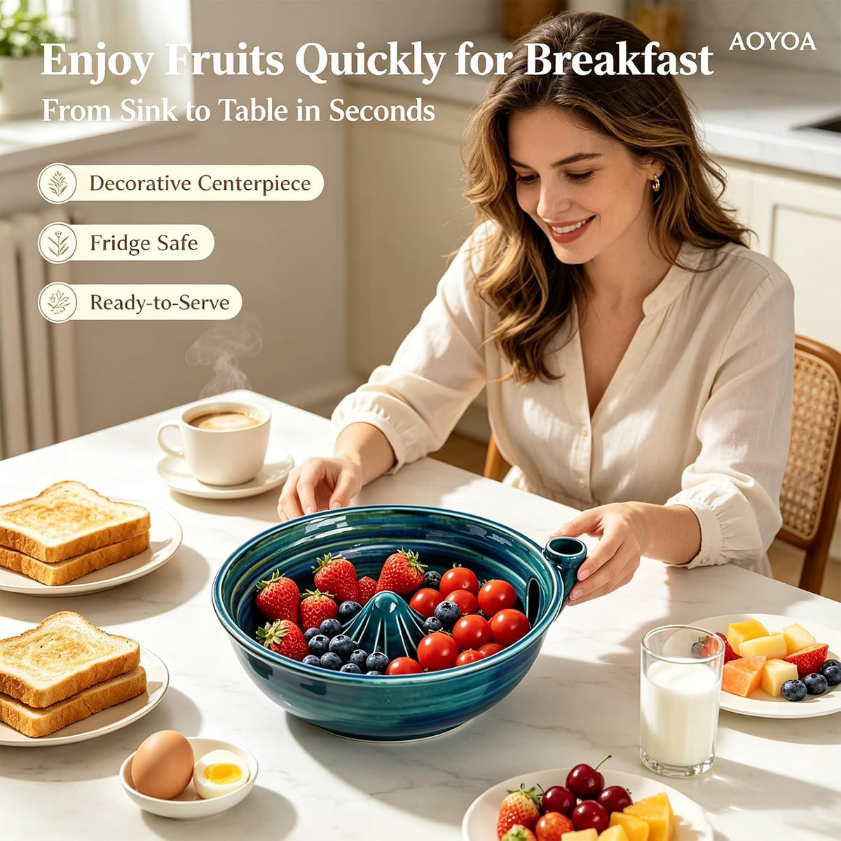 Self Spinning Ceramic Berry Washing Bowl with Drain Holes, 7'' Kitchen Fruit Washer Spinner Bowl with 10pcs Sponges，Blue