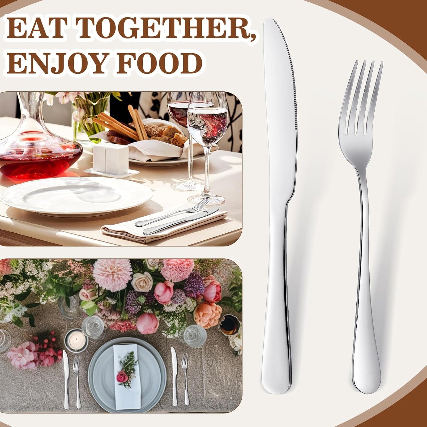 Nuenen 50 Fork Knife Set,8.07 x 0.94 Inch, 9.06 x 0.79 Inch,Shiny Silver | Stainless Steel Flatware, Kitchen Restaurant Dinner Silverware, Durable Party Catering Use, Mirror Polished Finish
