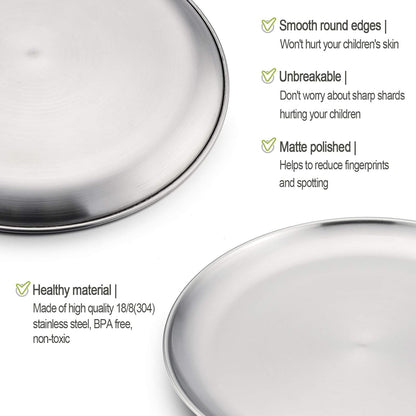 HaWare 18/8 Stainless Steel Plates for Kids, 8" Baby Feeding Plates for 6 | Metal 304 Dinner Dishes for Toddlers Children, Feeding Serving Camping Plates, Reusable and Dishwasher Safe, 6-Piece